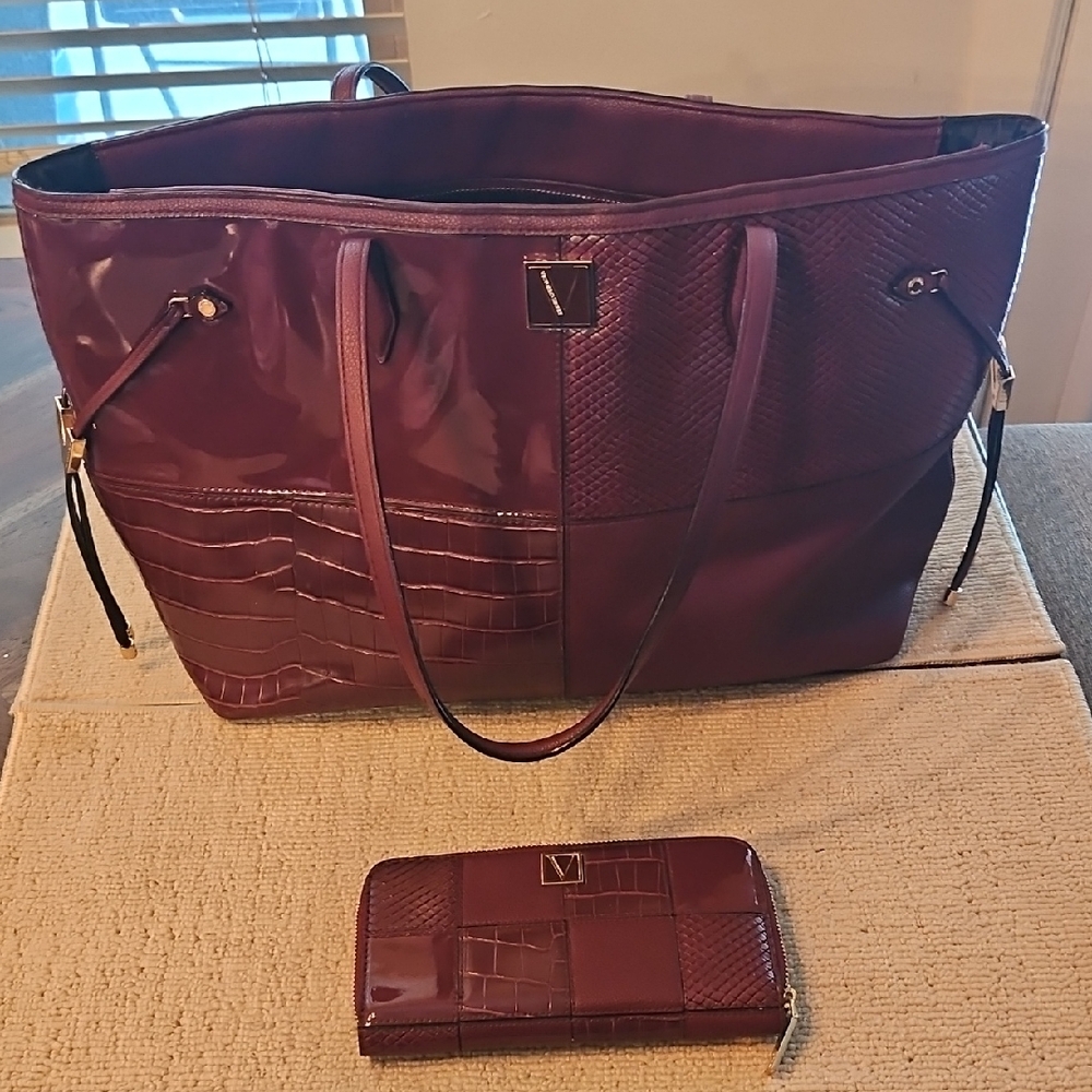 Victoria's Secret Deep Burgundy Tote and Wallet And Card Holder. 3 Piece Set